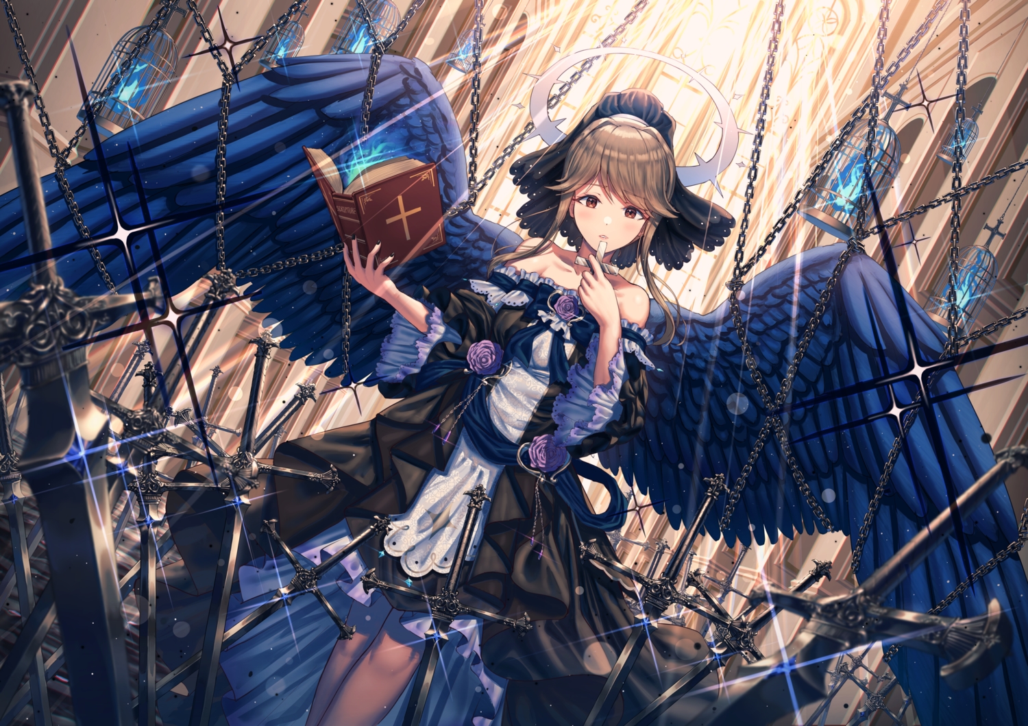 angel, book, cage, chain, cross, flowers, goth-loli, halo, idolmaster, idolmaster_million_live!, lolita_fashion, mazel, rose, stockings, sword, tenkuubashi_tomoka, weapon, wings