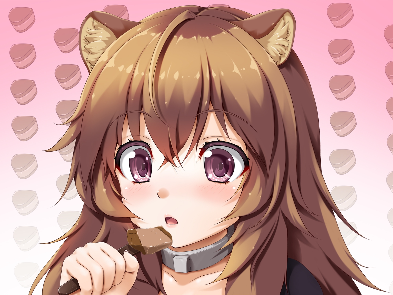 animal_ears, brown_hair, close, collar, food, gradient, long_hair, purple_eyes, raphtalia, tate_no_yuusha_no_nariagari, toranoo