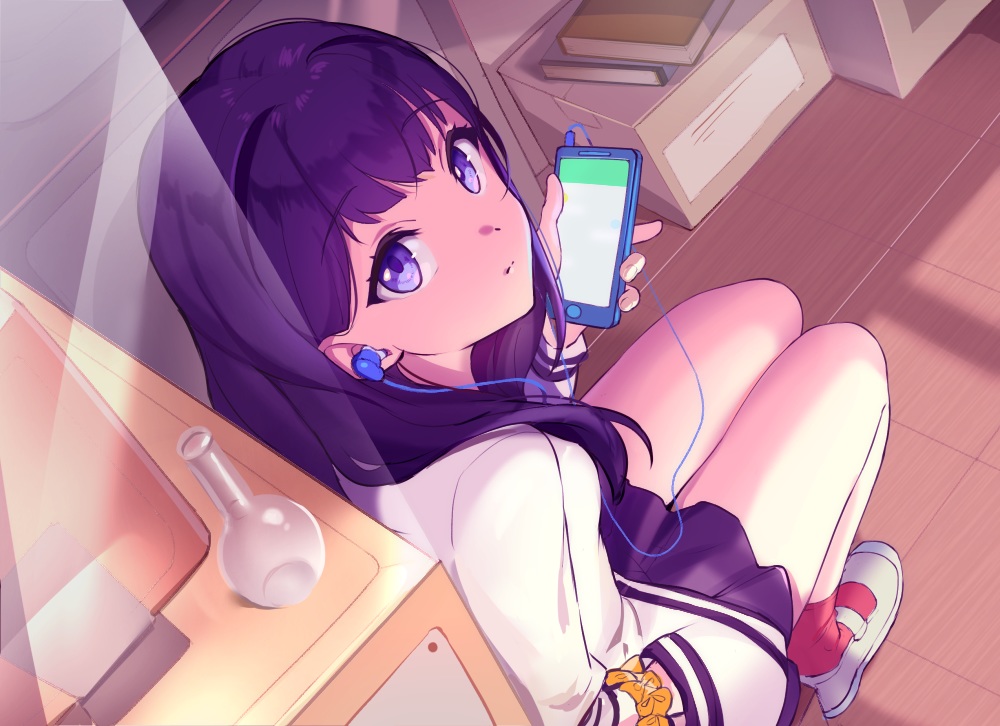 akamoku, book, headphones, phone, purple_eyes, purple_hair, school_uniform, skirt