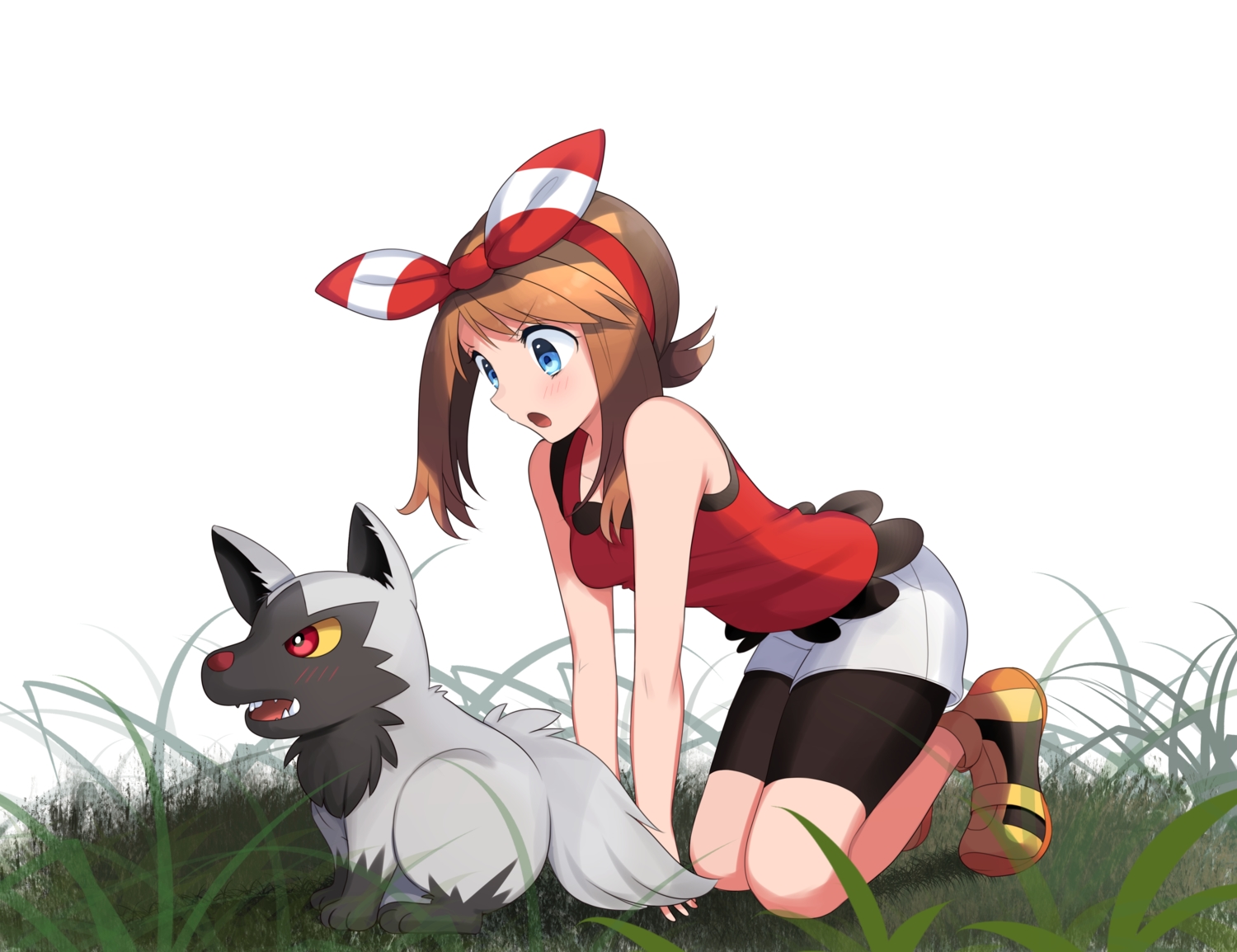 aqua_eyes, bike_shorts, brown_hair, grass, haruka_(pokemon), headband, pokemon, poochyena, shorts, white, yuihiko