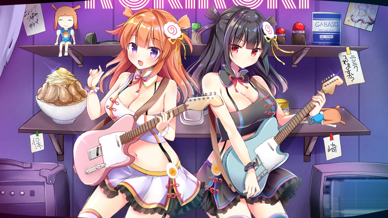 aliasing, black_hair, breasts, cleavage, collar, food, guitar, hosaki_menma
