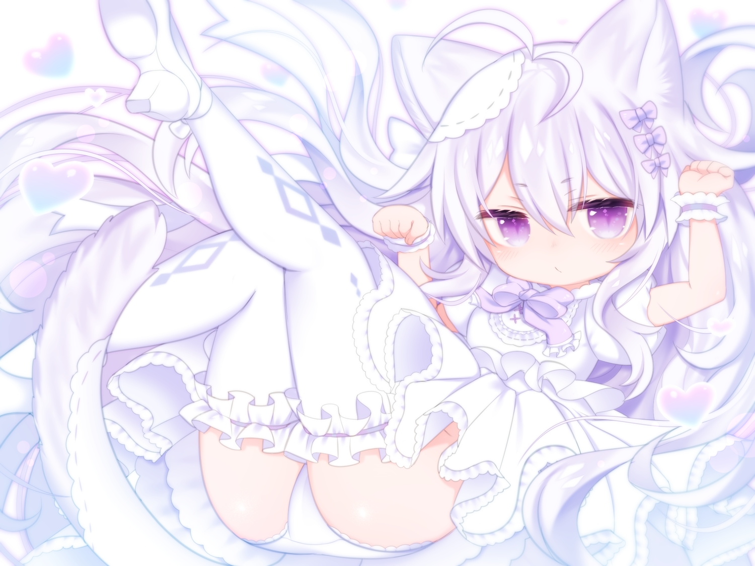 animal_ears, bow, cameltoe, catgirl, loli, lolita_fashion, long_hair, mofuaki, original, panties, polychromatic, purple_eyes, tail, thighhighs, underwear, white_hair, wristwear