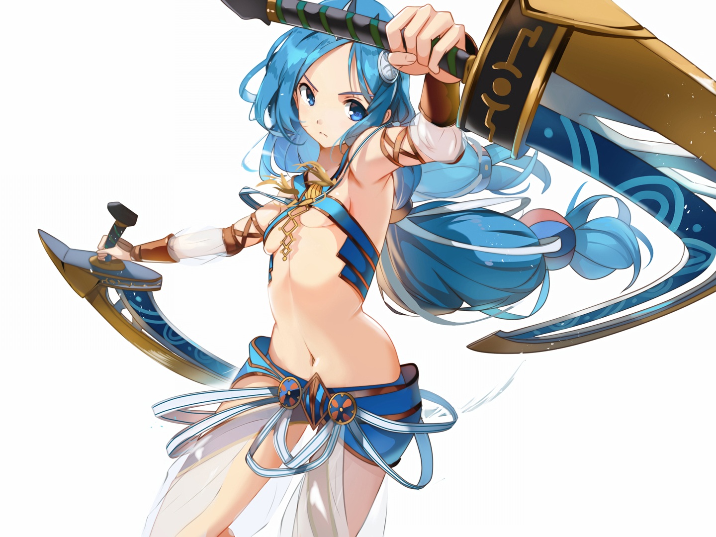 blue_eyes, blue_hair, breasts, dana_(ys), long_hair, navel, shinokawa7, sword
