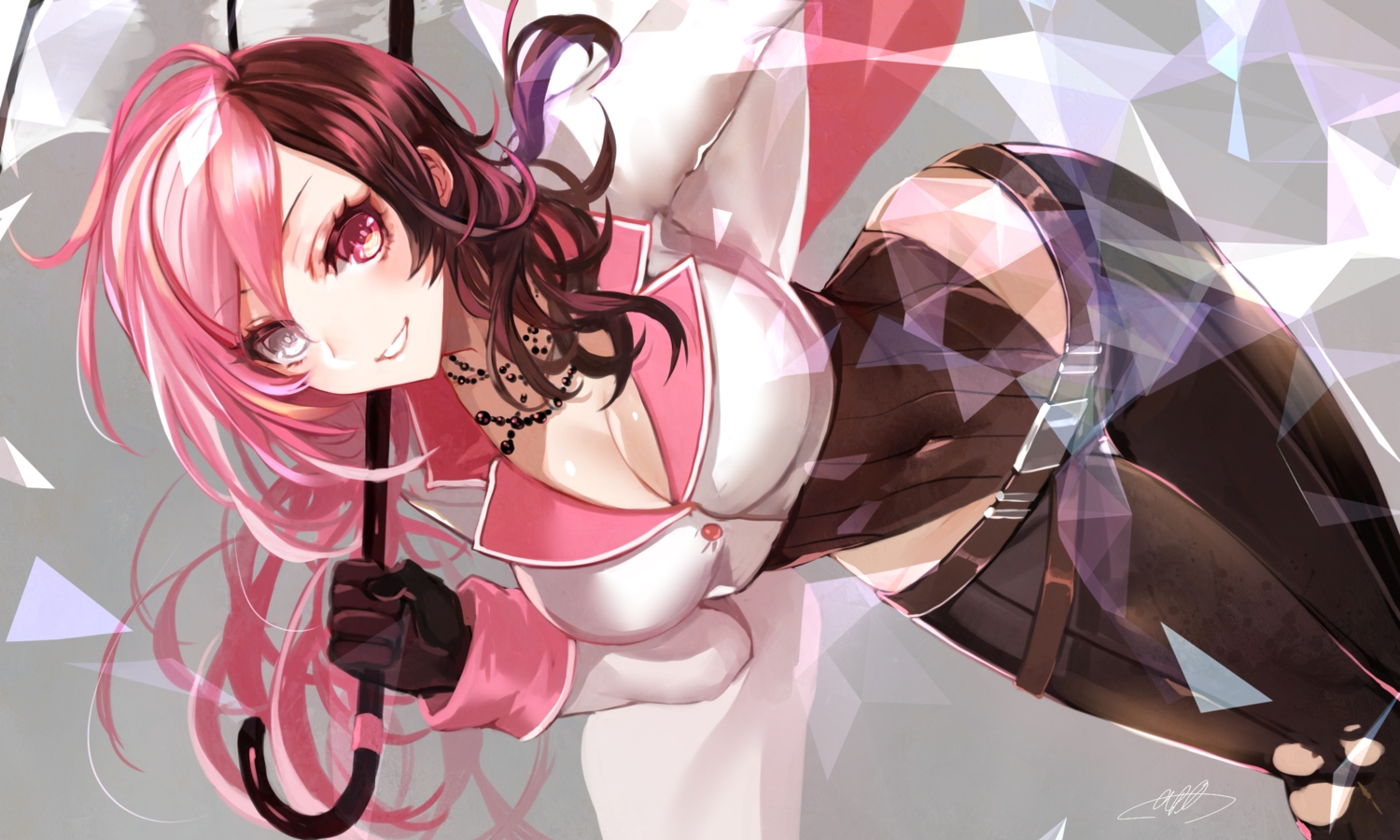 apt, bicolored_eyes, bodysuit, breasts, cleavage, gloves, long_hair, necklace, neo_(rwby), rwby, signed, umbrella