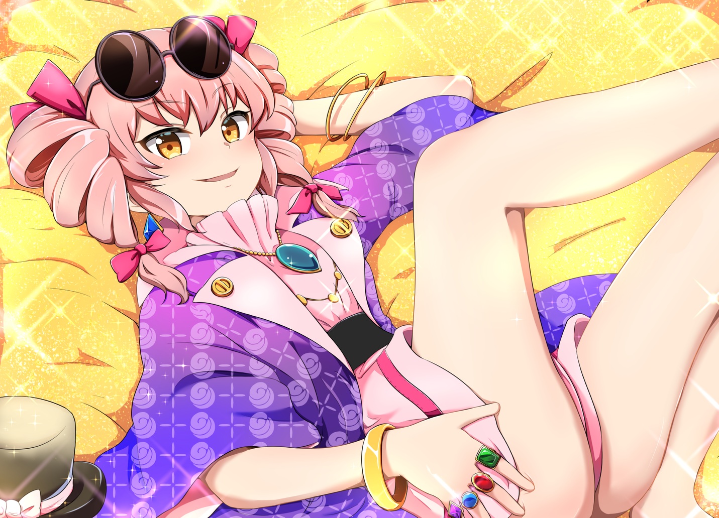 ajia_(otya3039), bed, dress, necklace, pink_hair, sunglasses, touhou, twintails, waifu2x, wristwear, yellow_eyes, yorigami_joon