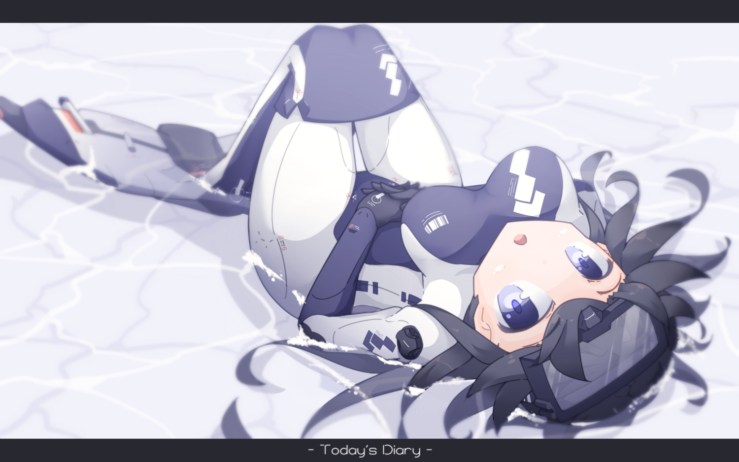 black_hair, blue_eyes, bodysuit, breasts, goggles, ibis1, long_hair, original, skintight, water