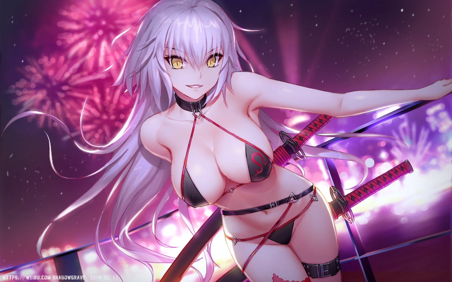 bikini, erect_nipples, fate/grand_order, fate_(series), fireworks, jeanne_d'arc_alter, jeanne_d'arc_(fate), jpeg_artifacts, katana, long_hair, navel, shadowgrave, sky, swimsuit, sword, watermark, weapon, white_hair, yellow_eyes