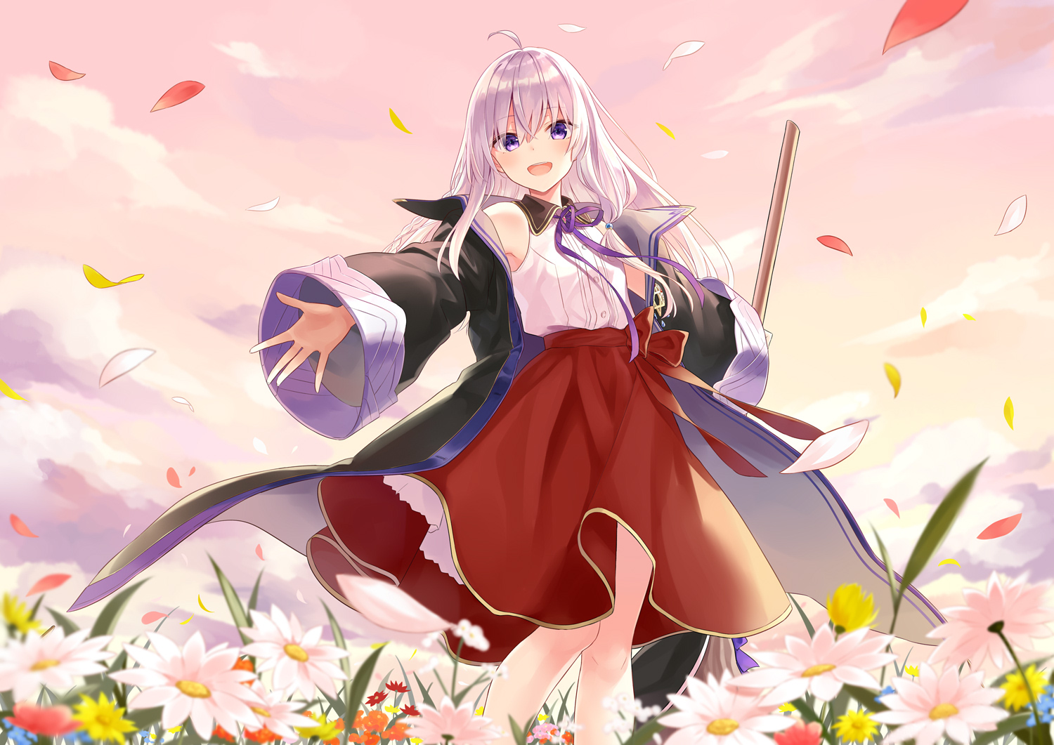 azuuru_(azure0608), clouds, elaina_(majo_no_tabitabi), flowers, gray_hair, long_hair, majo_no_tabitabi, purple_eyes