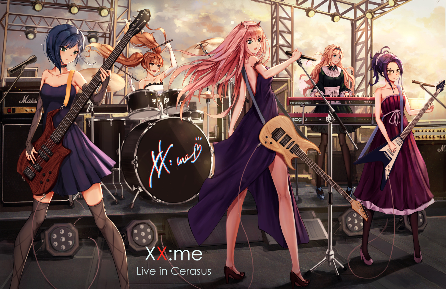 darling_in_the_franxx, dress, drums, group, guitar, horns, ichigo_(darling_in_the_franxx), ikuno_(darling_in_the_franxx)