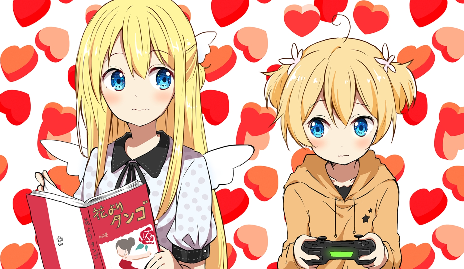 2girls, amatsuka_poi, aqua_eyes, blonde_hair, book, chikanoko, game_console, headdress
