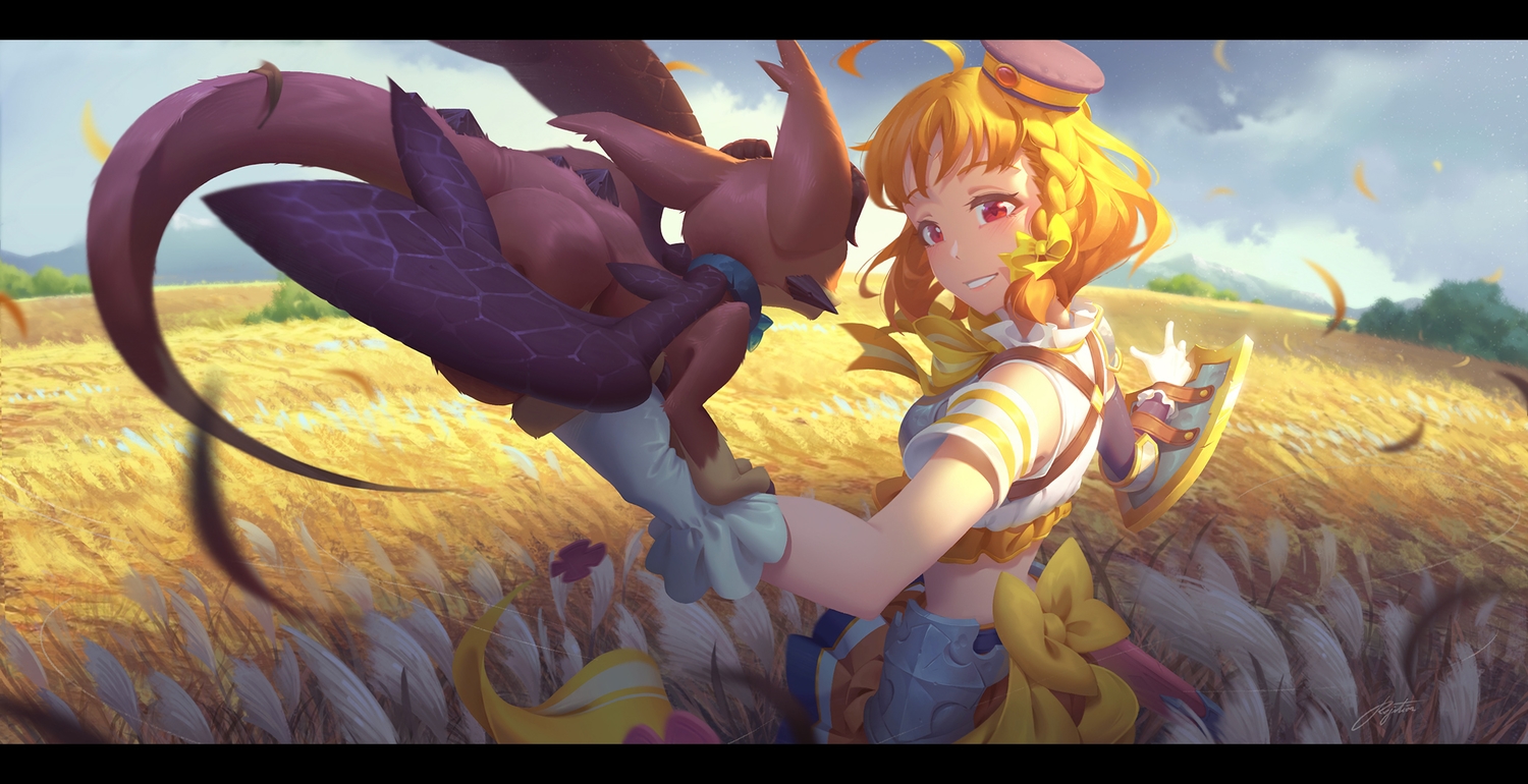animal, bird, bow, braids, clouds, crossover, granblue_fantasy, hat