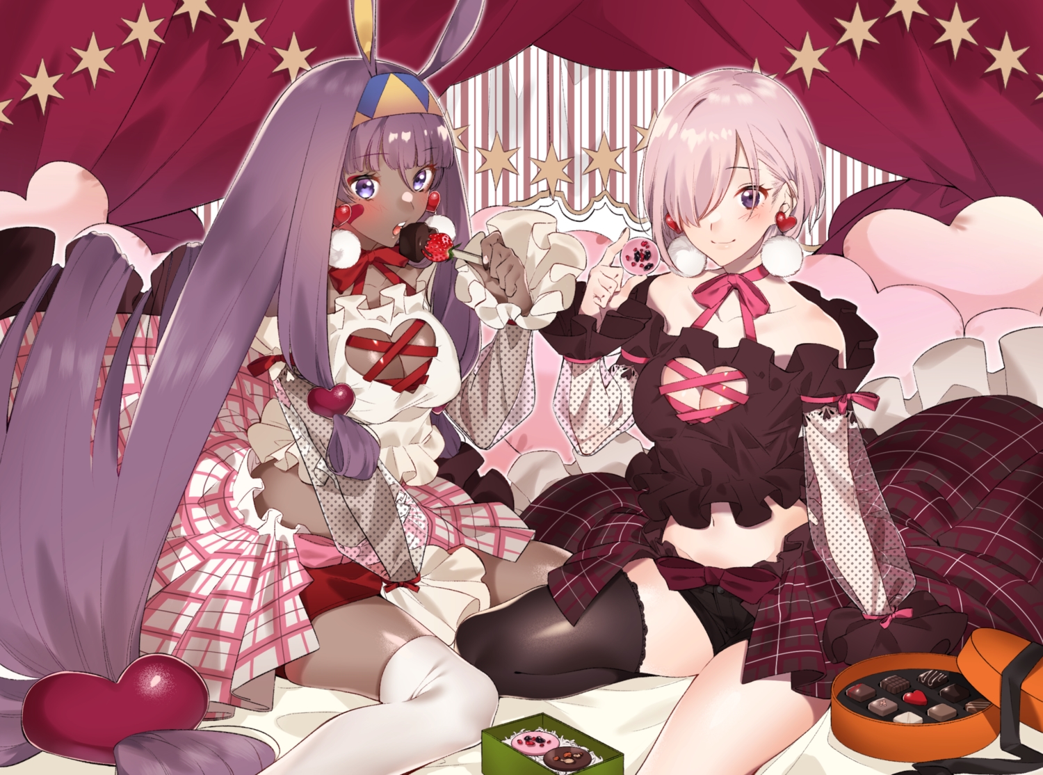 2girls, animal_ears, blush, breasts, candy, chocolate, cleavage, dark_skin