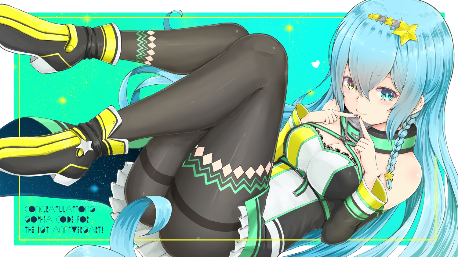 aqua_hair, bicolored_eyes, boots, braids, breasts, cleavage, collar, dress