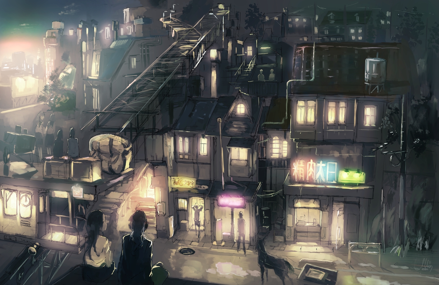 animal, building, city, horse, industrial, itodome, long_hair, night, original, polychromatic, scenic, school_uniform, signed, sketch