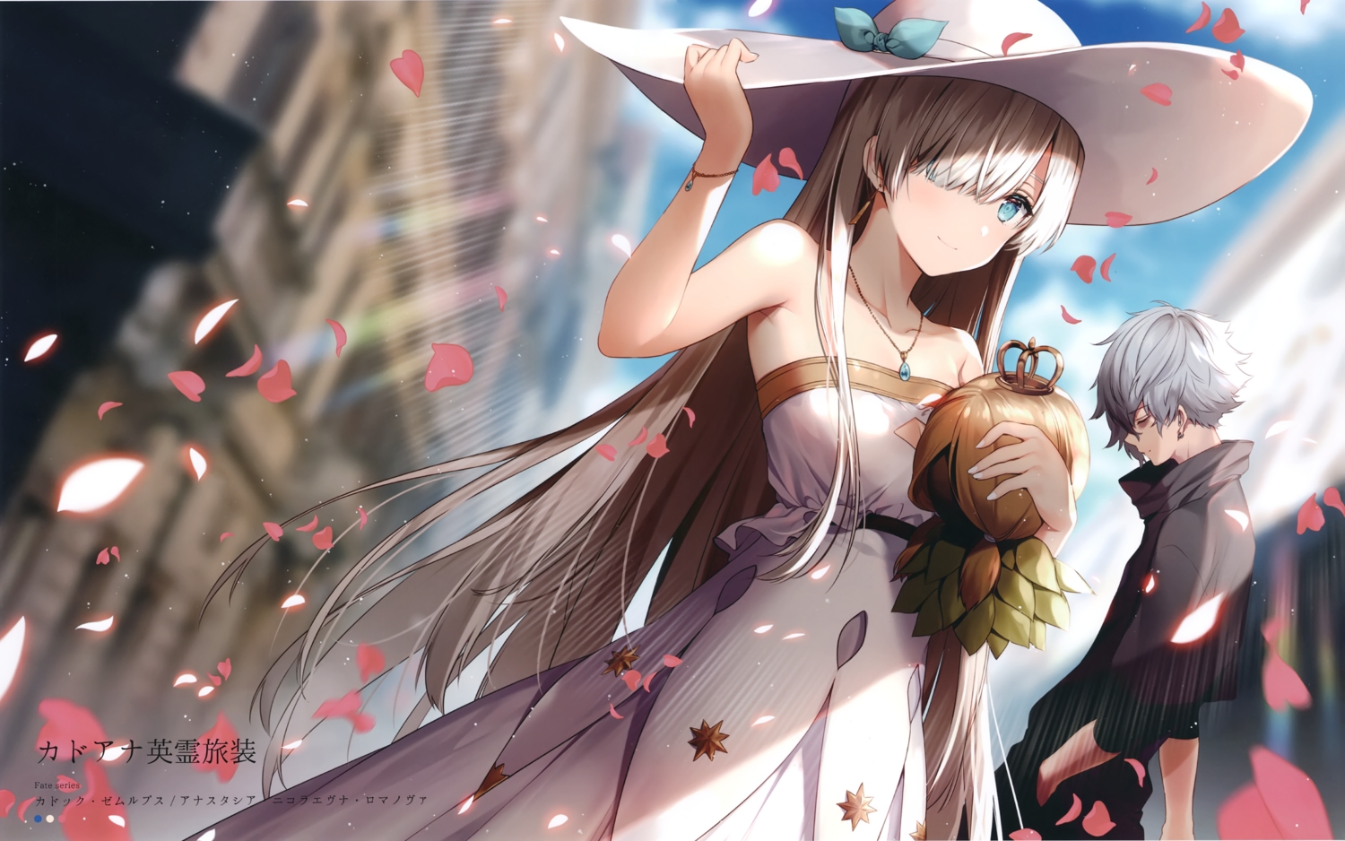 anastasia_(fate/grand_order), aqua_eyes, blonde_hair, building, clouds, cropped, doll, dress, fate/grand_order, fate_(series), gray_hair, hat, kadoc_zemlupus, long_hair, male, necklace, necomi, petals, scan, short_hair, sky, wristwear
