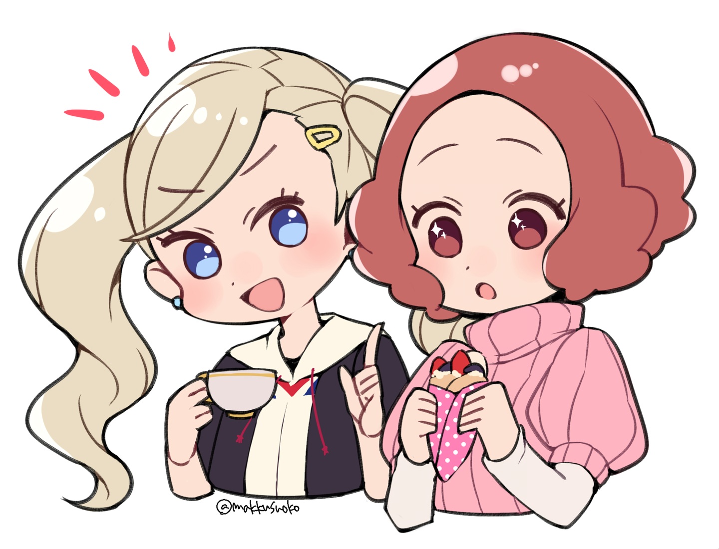2girls, aqua_eyes, blonde_hair, chibi, do_m_kaeru, drink, food, fruit, hood, long_hair, okumura_haru, persona, persona_5, red_eyes, red_hair, short_hair, signed, strawberry, takamaki_anne, twintails, waifu2x, white
