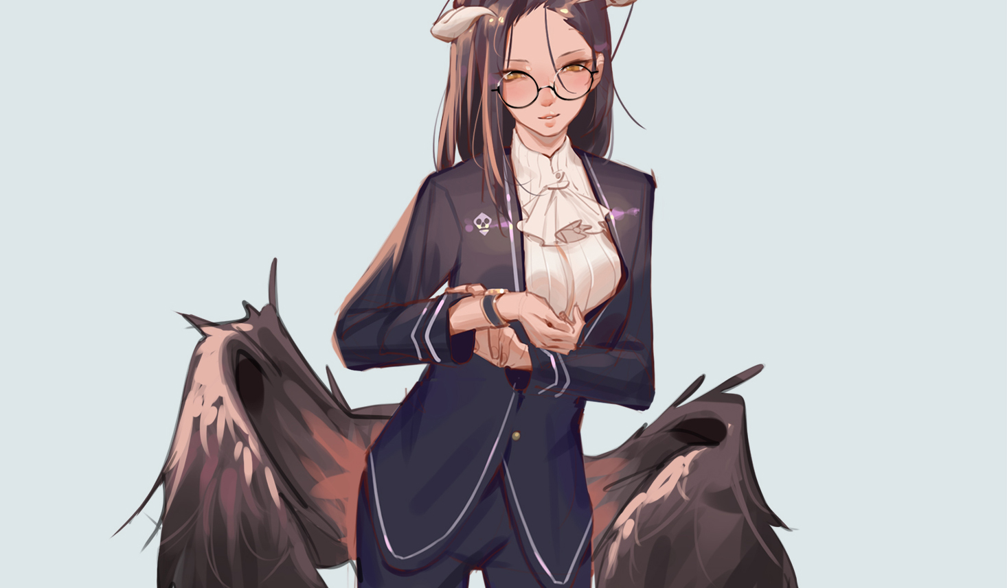 albedo, brown_hair, demon, glasses, horns, krin, long_hair, overlord, succubus, suit, wings, wristwear, yellow_eyes
