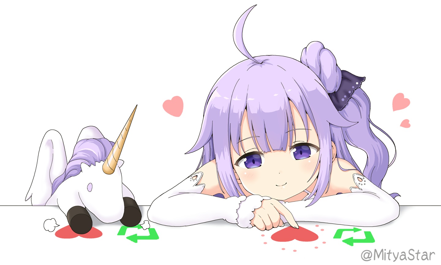 anthropomorphism, azur_lane, bongo_cat, heart, loli, long_hair, miicha, parody, ponytail, purple_eyes, purple_hair, unicorn_(azur_lane), waifu2x, watermark, white