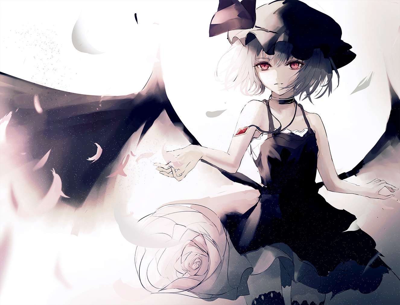 beckzawachi, choker, dress, flat_chest, gray_hair, hat, necklace, petals