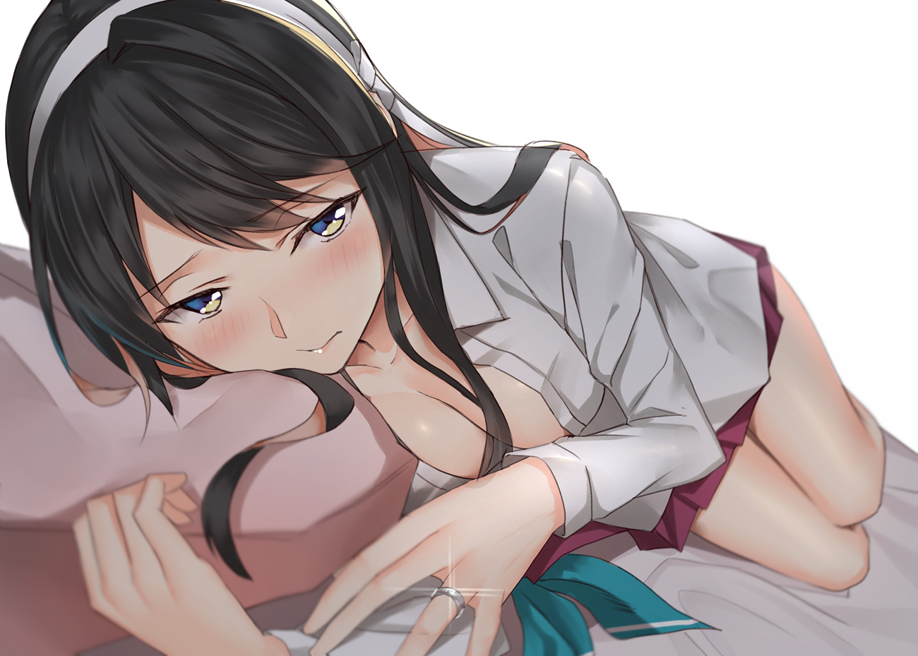 anthropomorphism, black_hair, blue_eyes, blush, breasts, cleavage, close, headband
