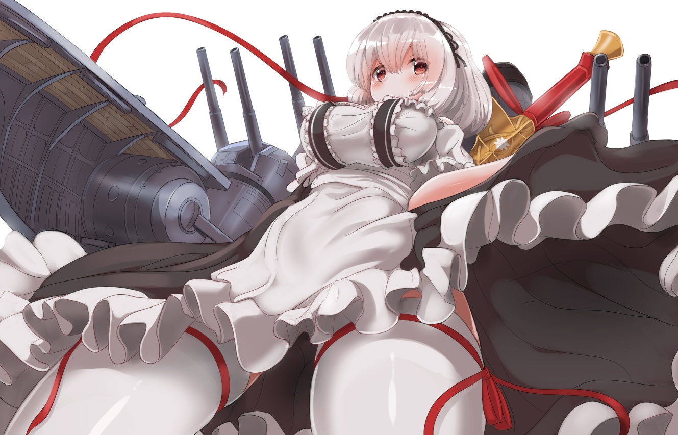 anthropomorphism, azur_lane, breasts, gray_hair, maid, red_eyes, redundant-cat, short_hair, sirius_(azur_lane), skirt_lift, thighhighs, weapon