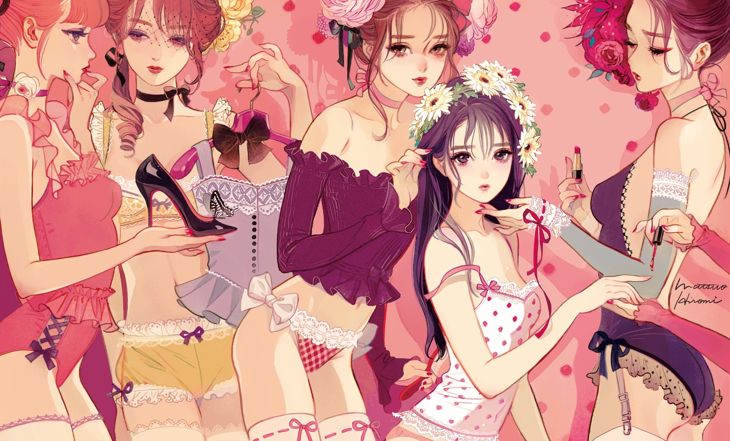 ass, black_eyes, bloomers, bow, brown_eyes, brown_hair, choker, flowers, garter_belt, group, headdress, long_hair, matsuo_hiromi, orange_hair, original, panties, pink, purple_eyes, purple_hair, red_eyes, red_hair, ribbons, short_hair, signed, thighhighs, underwear, zettai_ryouiki
