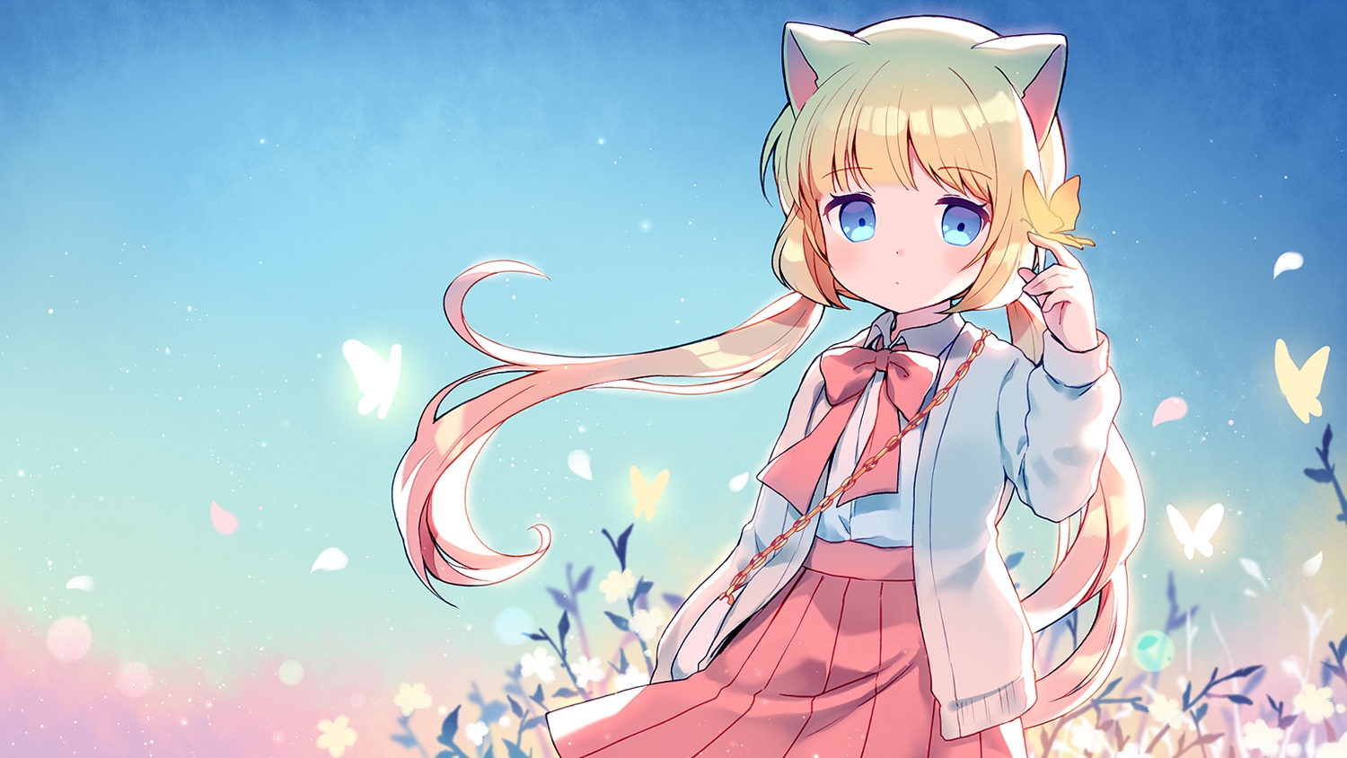 animal_ears, aqua_eyes, blonde_hair, bow, butterfly, catgirl, flowers, gradient