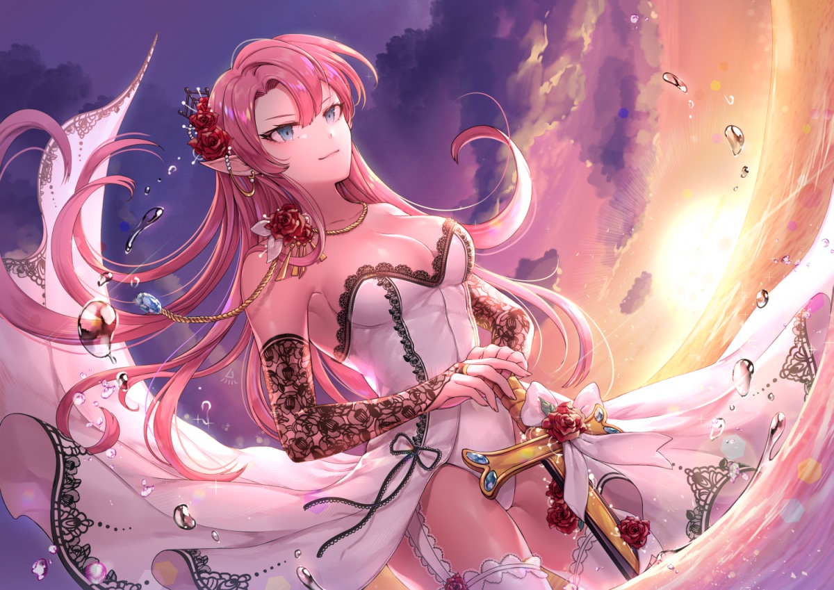 anthropomorphism, aqua_eyes, azur_lane, bodysuit, breasts, cleavage, clouds, duke_of_york_(azur_lane), elbow_gloves, garter_belt, gloves, long_hair, ozzingo, pink_hair, pointed_ears, skirt, sky, stockings, sunset, sword, thighhighs, water, weapon