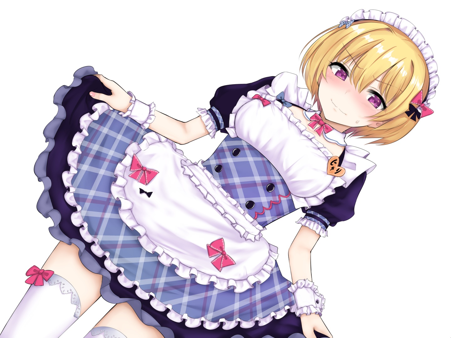 apron, blonde_hair, blush, bow, headdress, idolmaster, idolmaster_shiny_colors, lolita_fashion, maid, purple_eyes, rocha_(aloha_ro_cha), saijou_juri, short_hair, thighhighs, waitress, white, wristwear, zettai_ryouiki