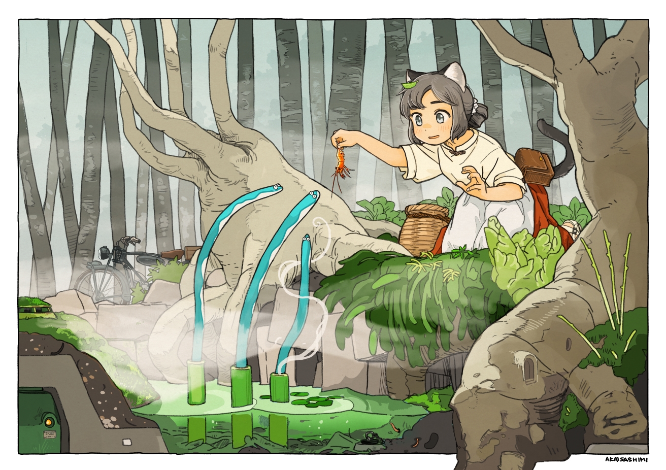 akai_sashimi, animal, animal_ears, bicycle, blush, catgirl, dress, forest