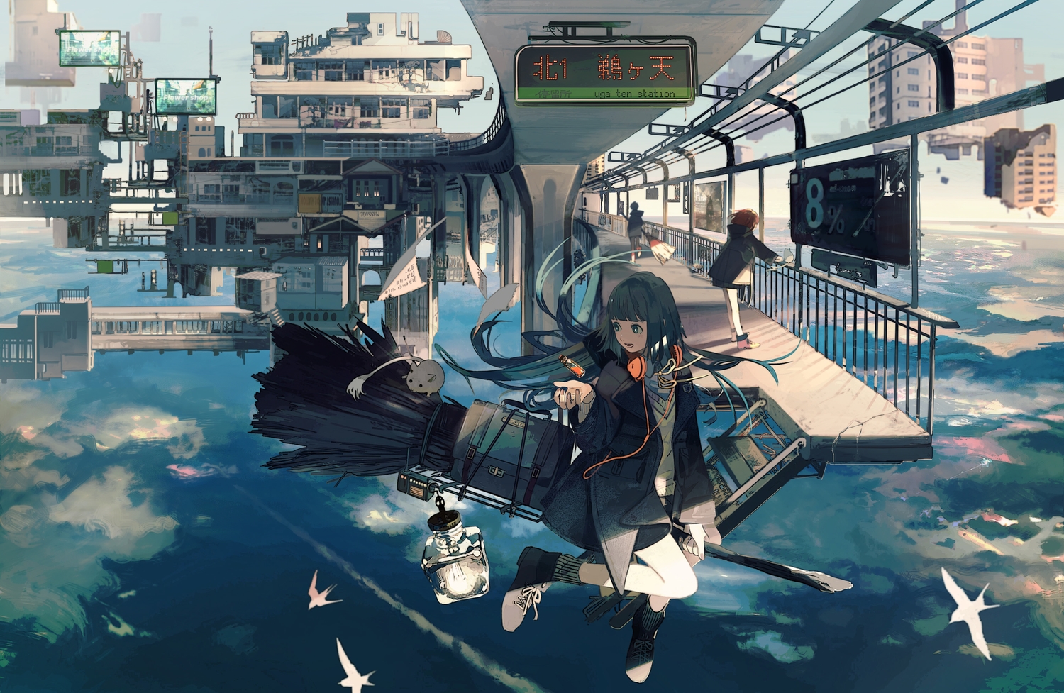 animal, bird, building, city, clouds, headphones, kukka, long_hair, original, paper, sky