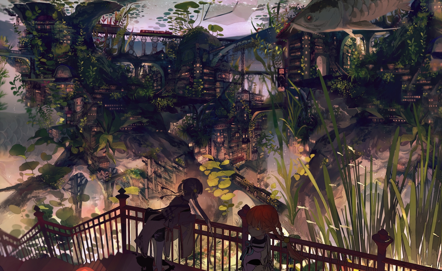 2girls, aliasing, animal, braids, building, city, dark, fish, gray_hair, japanese_clothes, kukka, orange_hair, original, scenic, stairs, train, twintails, underwater, water, yellow_eyes