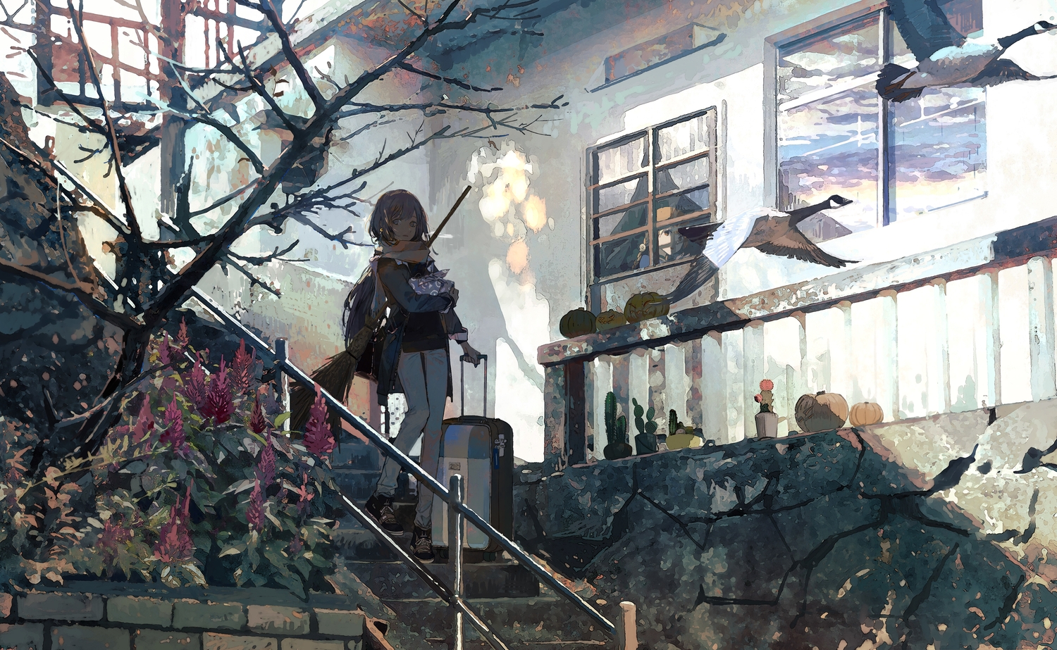 2girls, animal, bird, brown_eyes, brown_hair, flowers, kukka, long_hair