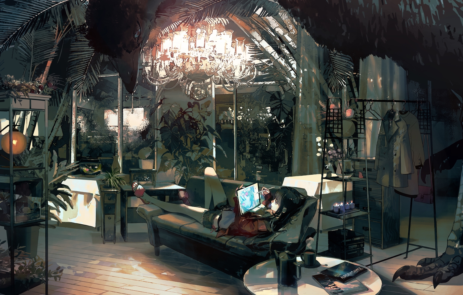 animal, bird, black_hair, book, computer, fish, kukka, leaves