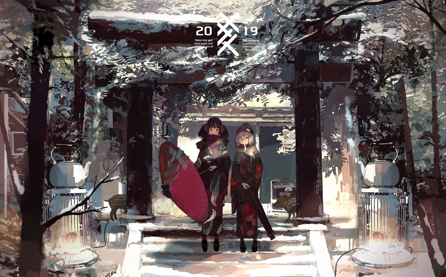 2girls, hat, japanese_clothes, kimono, kukka, original, scarf, shrine