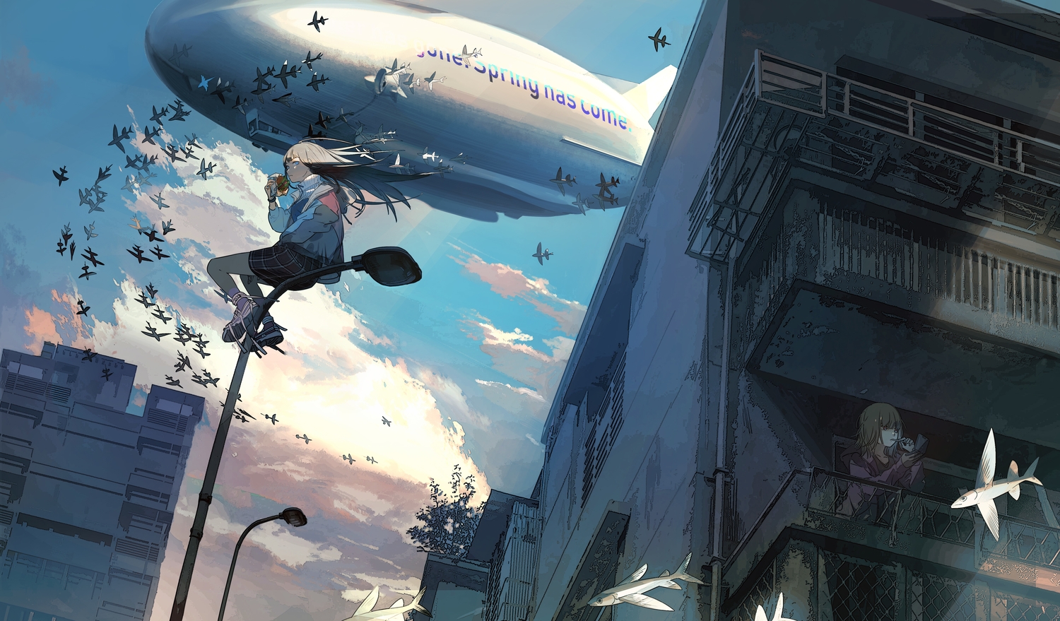 2girls, airship, animal, building, fish, food, kukka, original