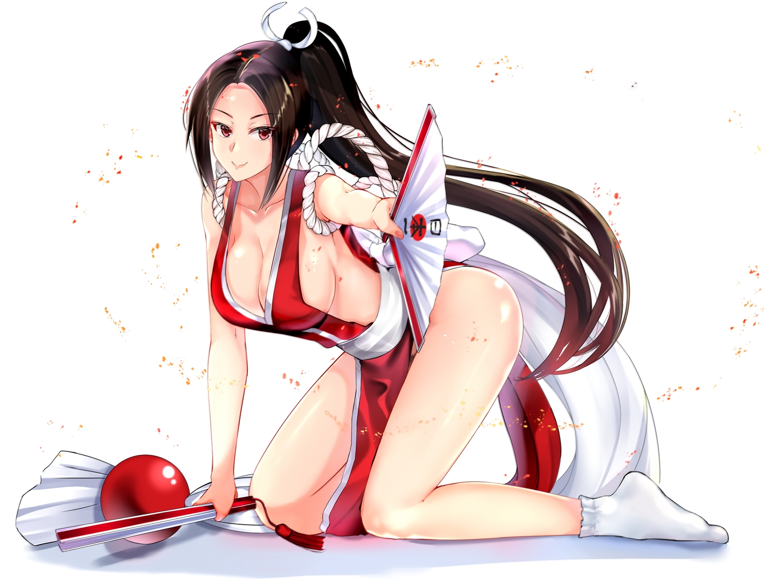 aliasing, bow, breasts, brown_hair, cleavage, fan, fatal_fury, japanese_clothes, king_of_fighters, long_hair, muka_tsuku, ponytail, red_eyes, rope, shiranui_mai, sideboob, socks