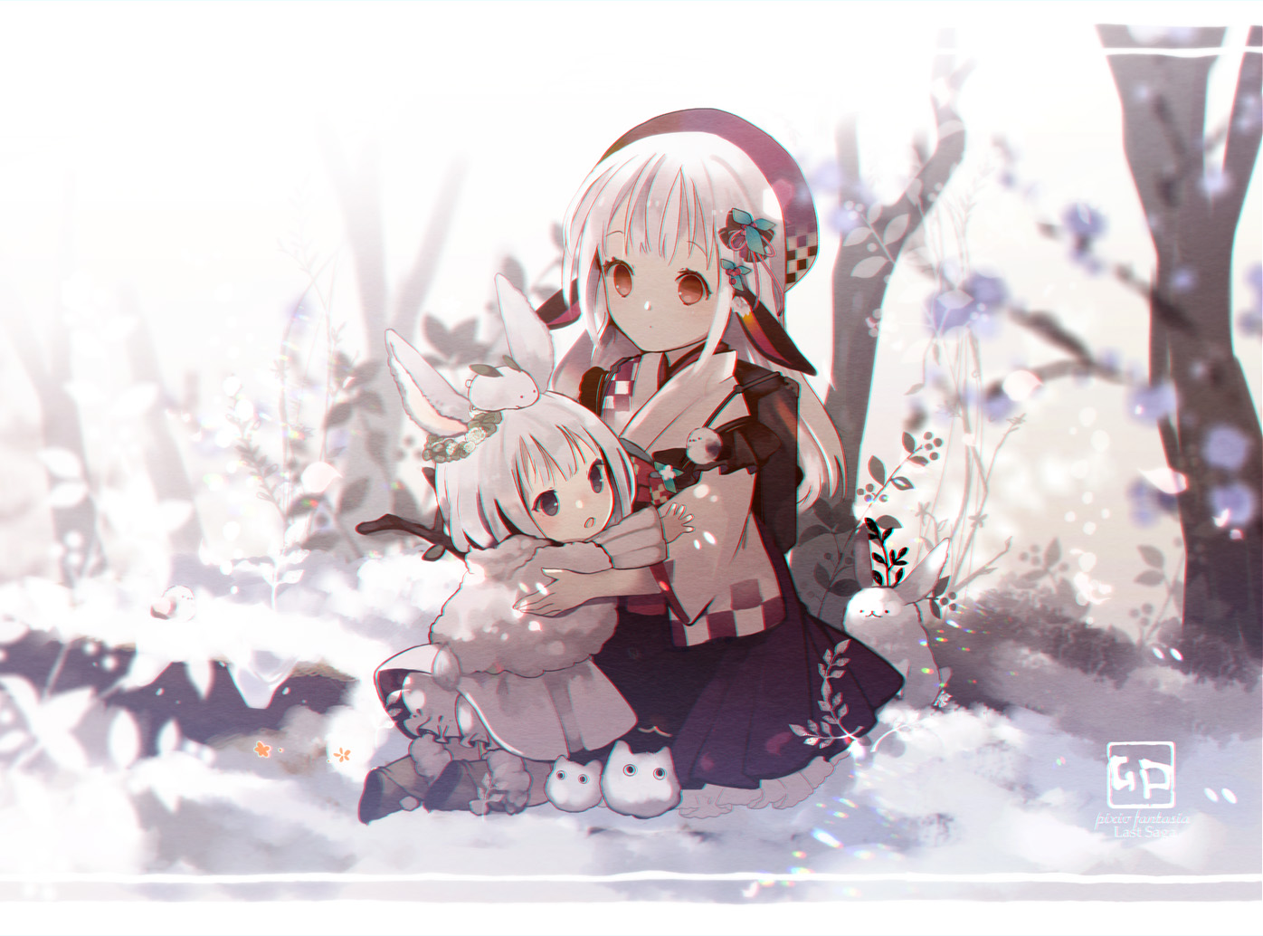2girls, animal, animal_ears, black_eyes, bunny_ears, bunnygirl, forest, hat, japanese_clothes, kimono, loli, long_hair, original, pixiv_fantasia, rabbit, red_eyes, short_hair, snow, tail, tree, white_hair, yuzuyomogi