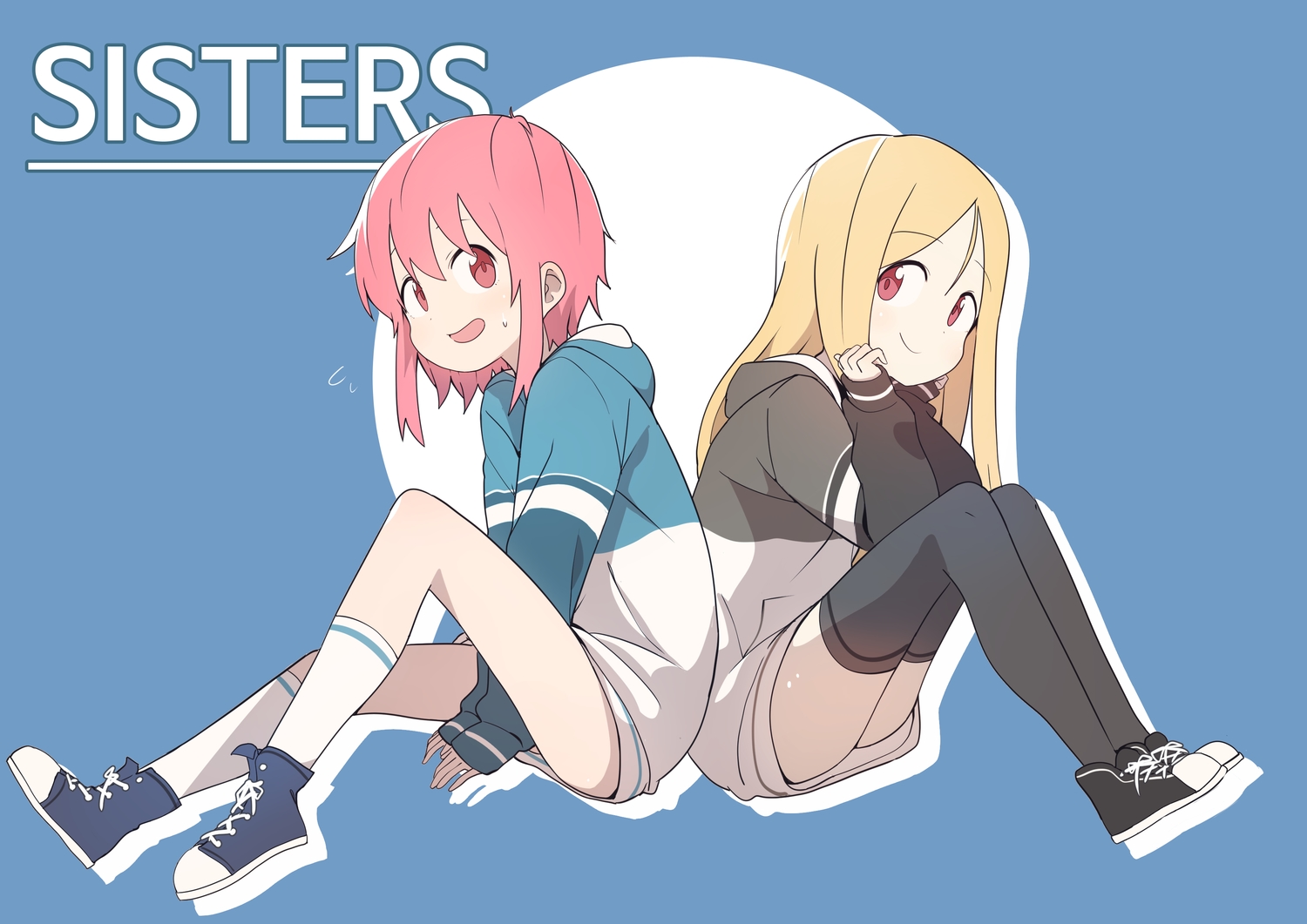 2girls, blonde_hair, blue, bural_chingu, hood, kneehighs, lee_ji-eun, lee_ji-min, long_hair, luke_(dydansgur), pink_eyes, pink_hair, red_eyes, short_hair, thighhighs