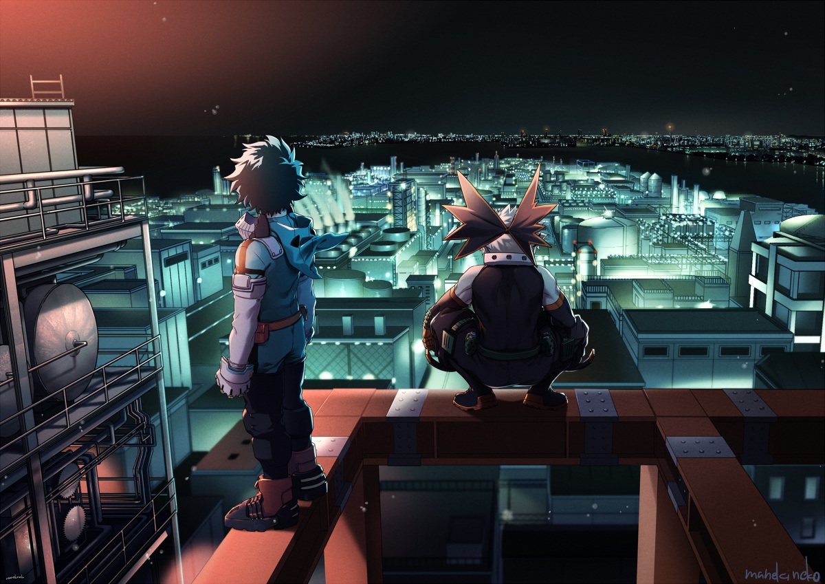all_male, bakugou_katsuki, black_hair, blonde_hair, boku_no_hero_academia, boots, building, city