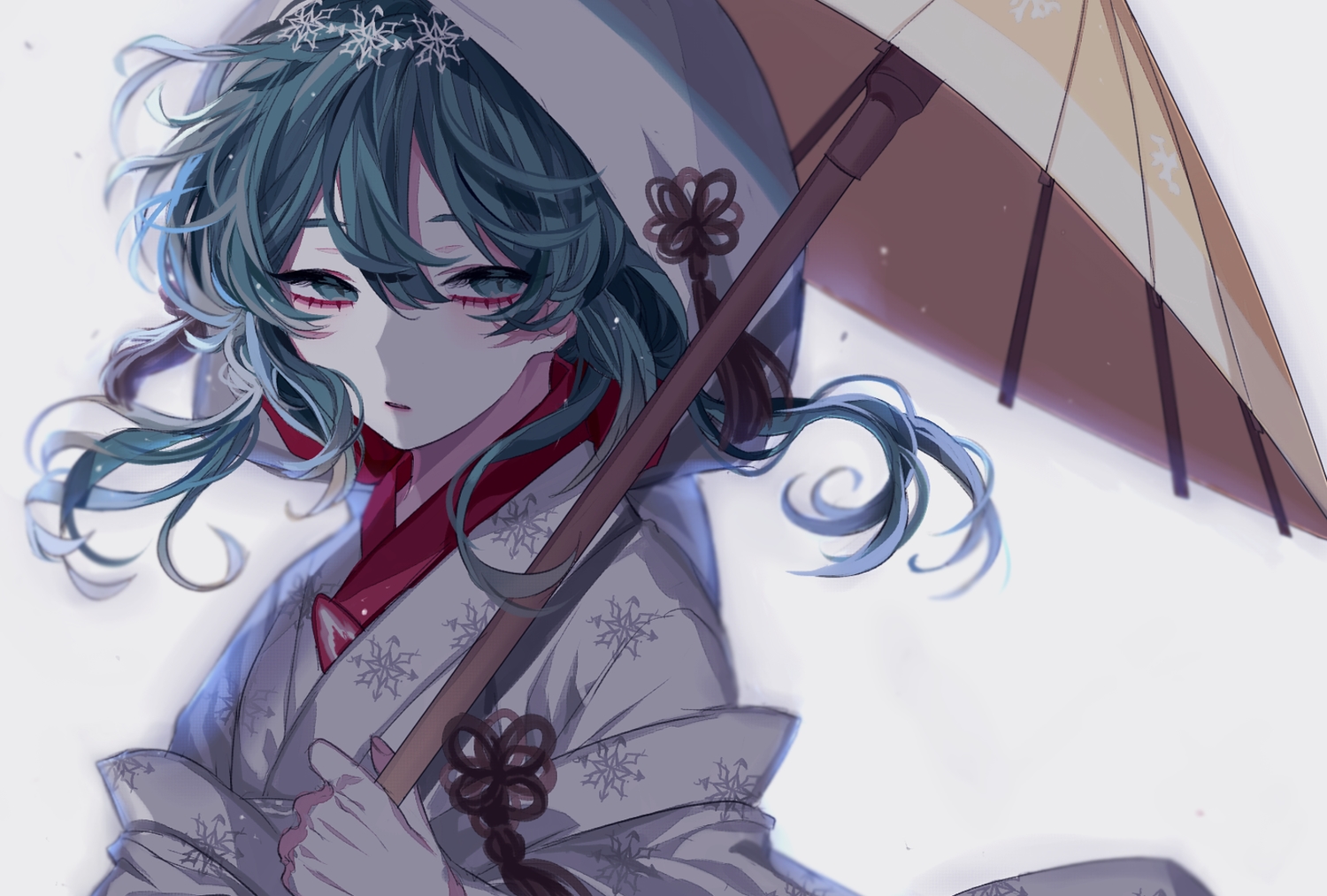 bakku_(fspz4427), close, green_eyes, green_hair, hatsune_miku, hood, japanese_clothes, kimono, short_hair, umbrella, vocaloid, wedding_attire, yuki_miku
