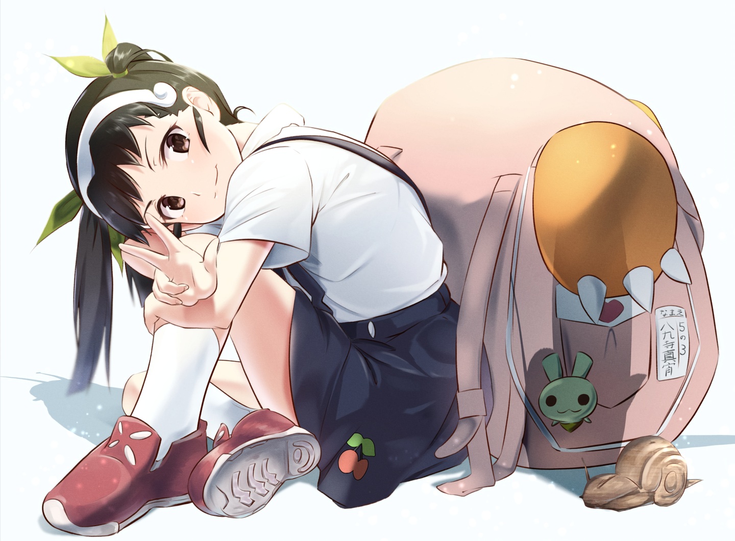 bakemonogatari, black_hair, brown_eyes, hachikuji_mayoi, headband, kneehighs, loli, long_hair, monogatari_(series), school_uniform, skirt, tagame_(tagamecat), twintails, waifu2x, white