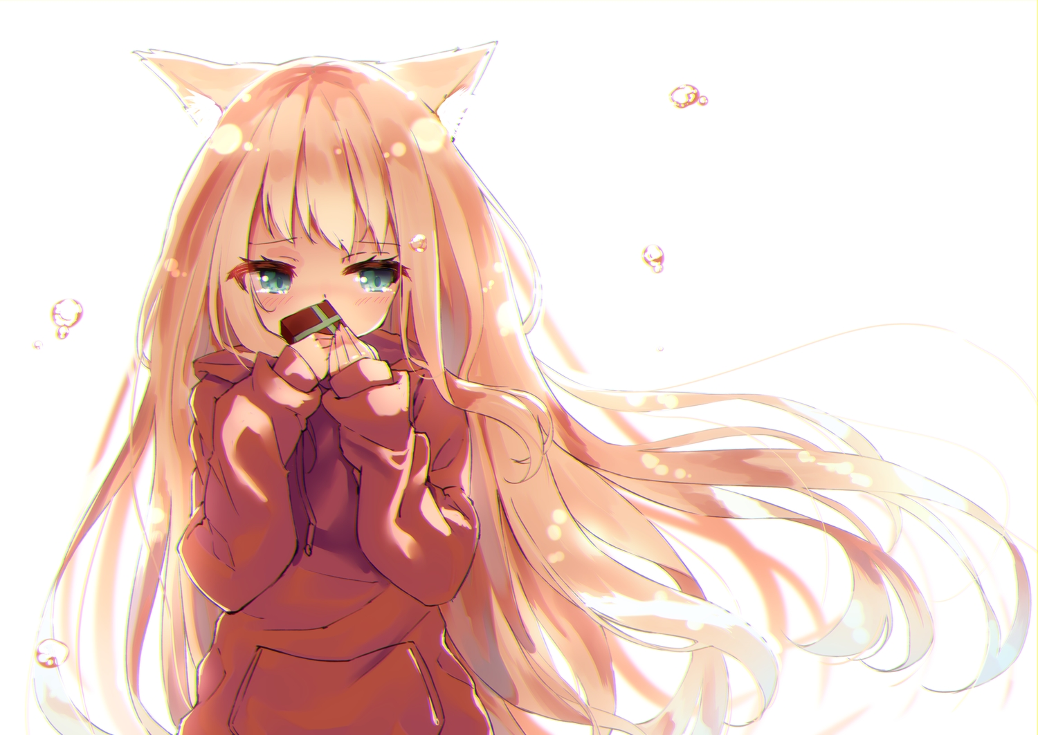 animal_ears, blonde_hair, blush, green_eyes, hamaru_(s5625t), hood, long_hair, original, valentine, white
