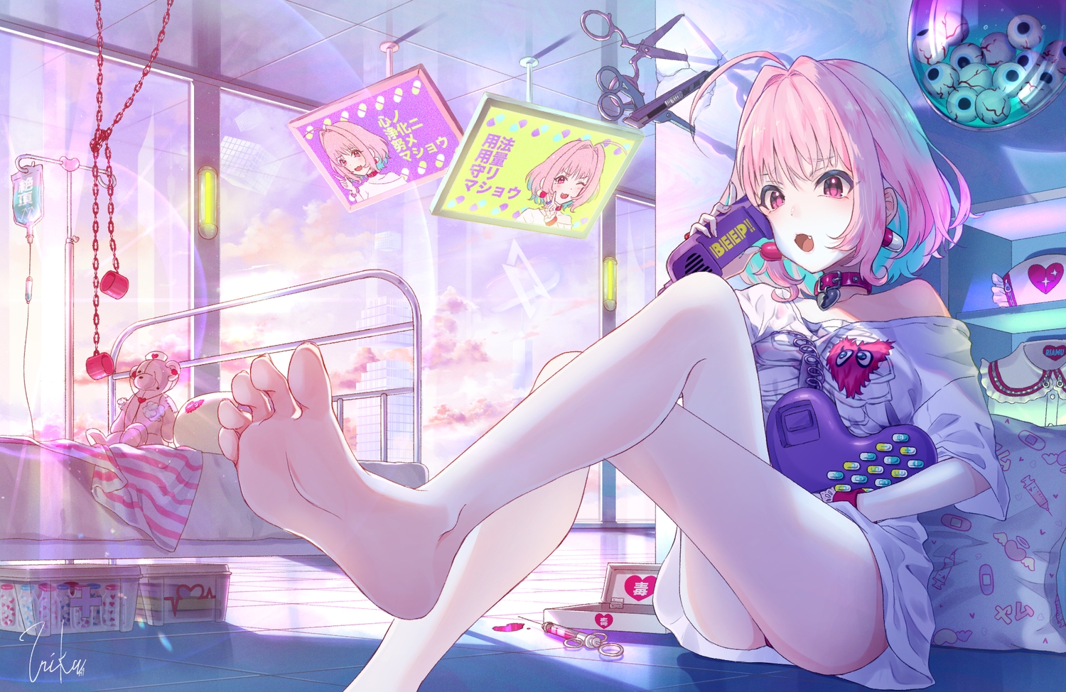 barefoot, bed, chain, collar, fang, idolmaster, idolmaster_cinderella_girls, inika