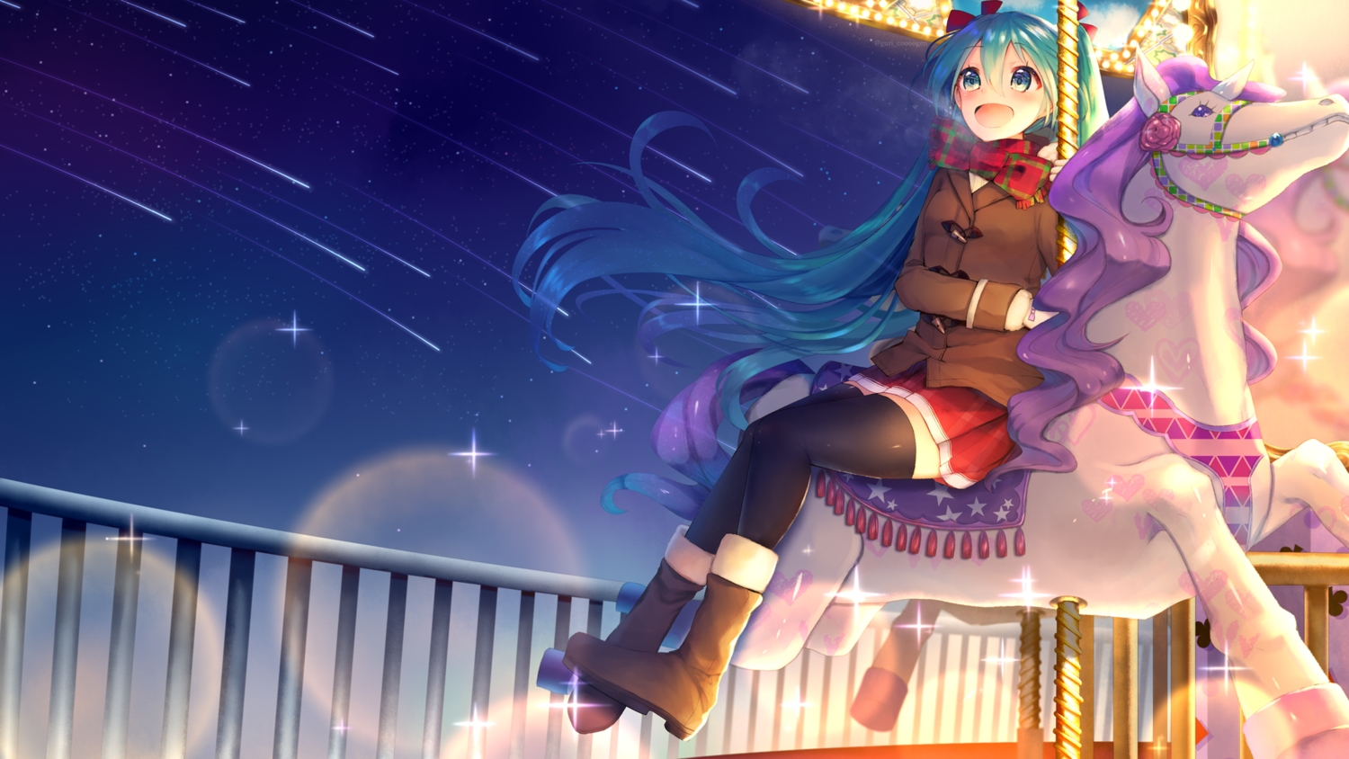 boots, bow, green_eyes, green_hair, guri1105, hatsune_miku, long_hair, skirt