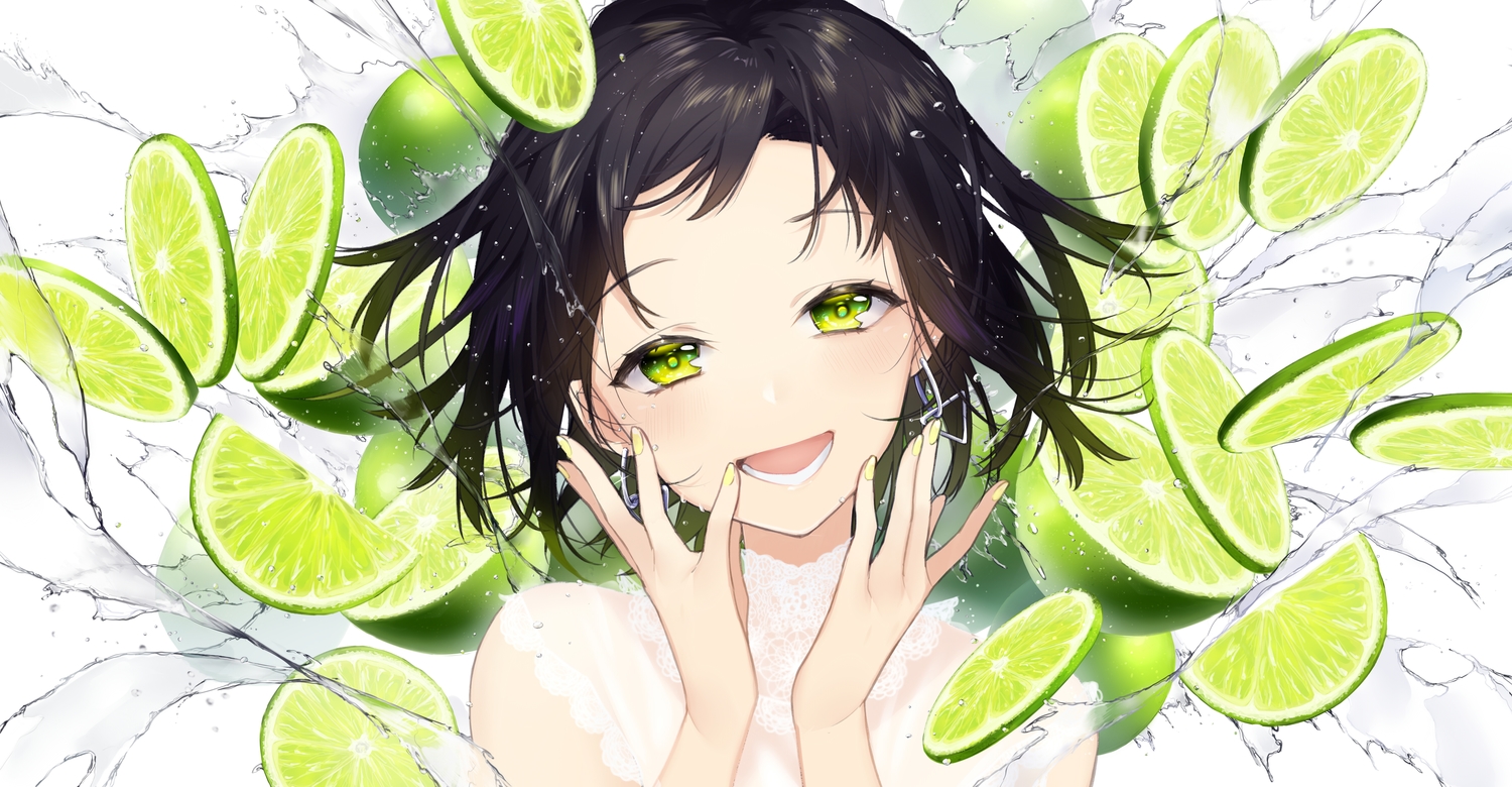black_hair, close, food, fruit, green_eyes, original, short_hair, sogawa66