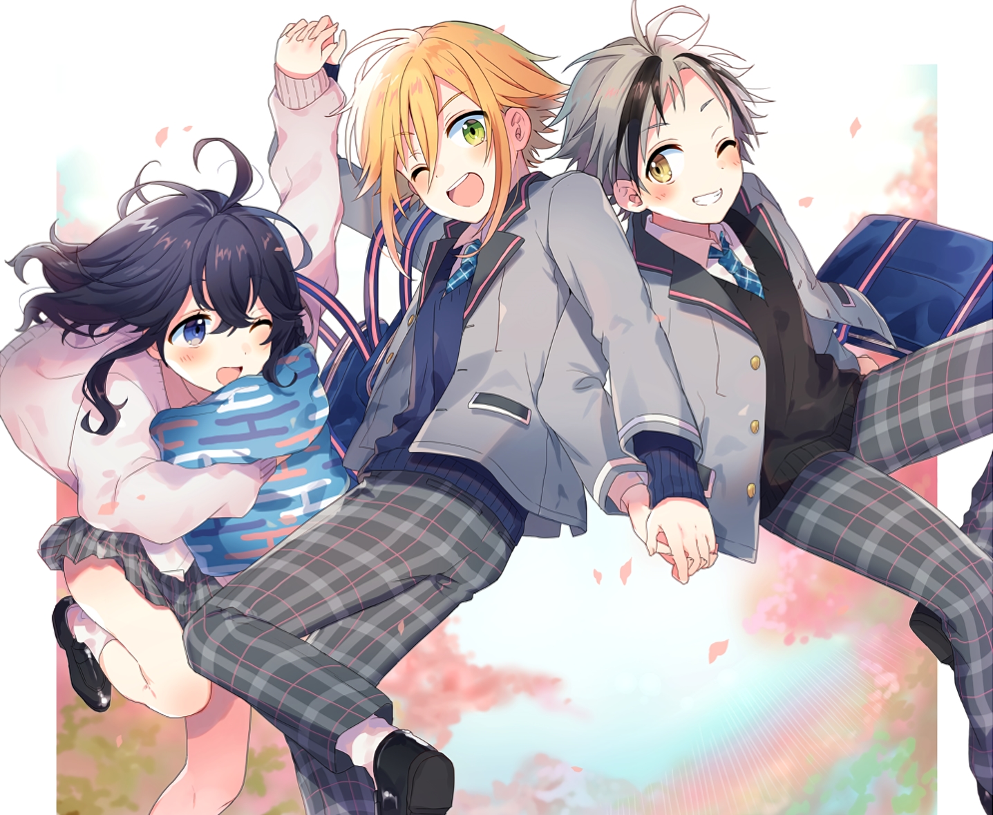 black_hair, blonde_hair, blue_eyes, cropped, gray_hair, green_eyes, izumo_kasumi_(nijisanji), long_hair, male, nijisanji, school_uniform, shimada71_72, short_hair, skirt, socks, suzuki_masaru, uzuki_kou, waifu2x, wink, yellow_eyes
