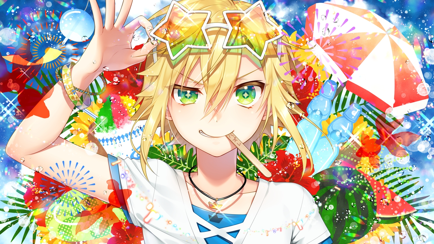 all_male, animal, blonde_hair, close, drink, fish, flowers, food, fruit, green_eyes, male, mise_yuzuki, necklace, nijisanji, short_hair, sunflower, sunglasses, swim_ring, umbrella, uzuki_kou, water, watermelon, wristwear