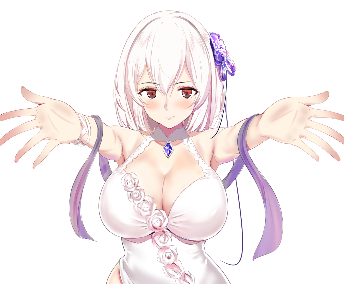 anthropomorphism, azur_lane, breasts, cleavage, dress, red_eyes, ribbons, schreibe_shura, short_hair, sirius_(azur_lane), white, white_hair
