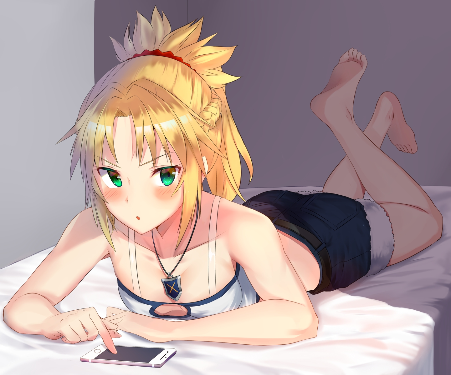 barefoot, bed, blonde_hair, blush, breasts, fate/grand_order, fate_(series), green_eyes, jun_(540000000000000), long_hair, mordred, necklace, phone, ponytail, shorts